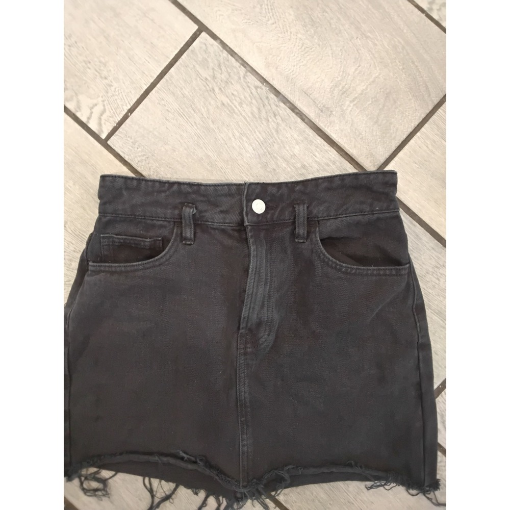 PacSun Womens Black Denim Mini Skirt Raw Hem Frayed High Waisted Size 26